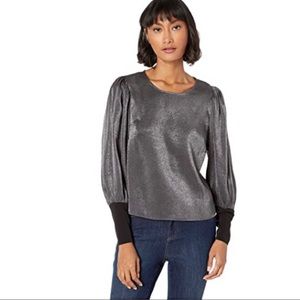 BCBGeneration Puff Sleeve Metallic Snap Back Top